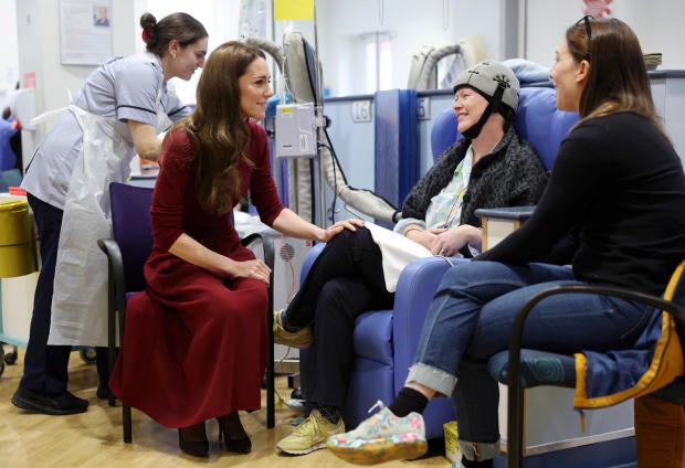 Catherine, Princess of Wales, talks with Katherine Field as she visits The Royal Marsden hospital on Jan. 14, 2025, in London. 