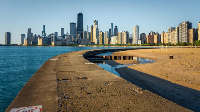 Chicago, Illinois waterfront with skyline next to Lake Michigan 