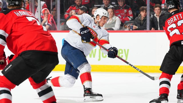 Anton Lundell #15 of the Florida Panthers skates in the overtime period in the game against the New Jersey Devils at the Prudential Center on January 14, 2025 in Newark, New Jersey.