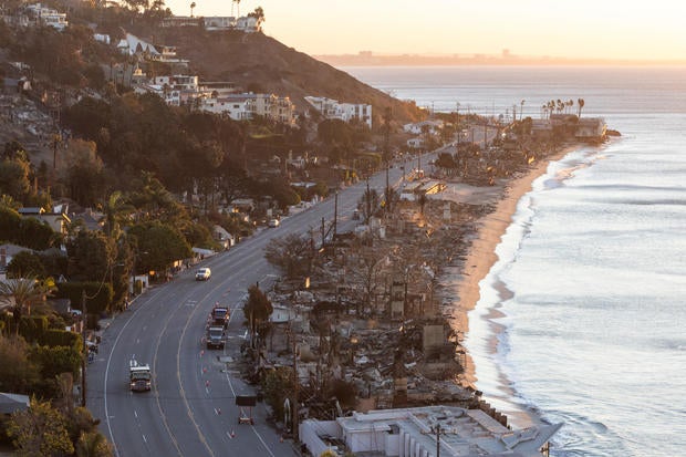 Scenes Of Devastation Along Pacific Coast Highway From California Wildfires 