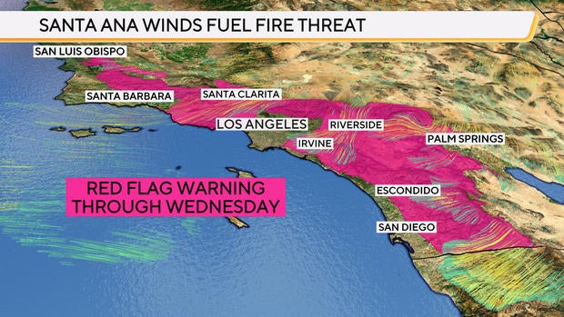 California red flag wind & fire warnings map 